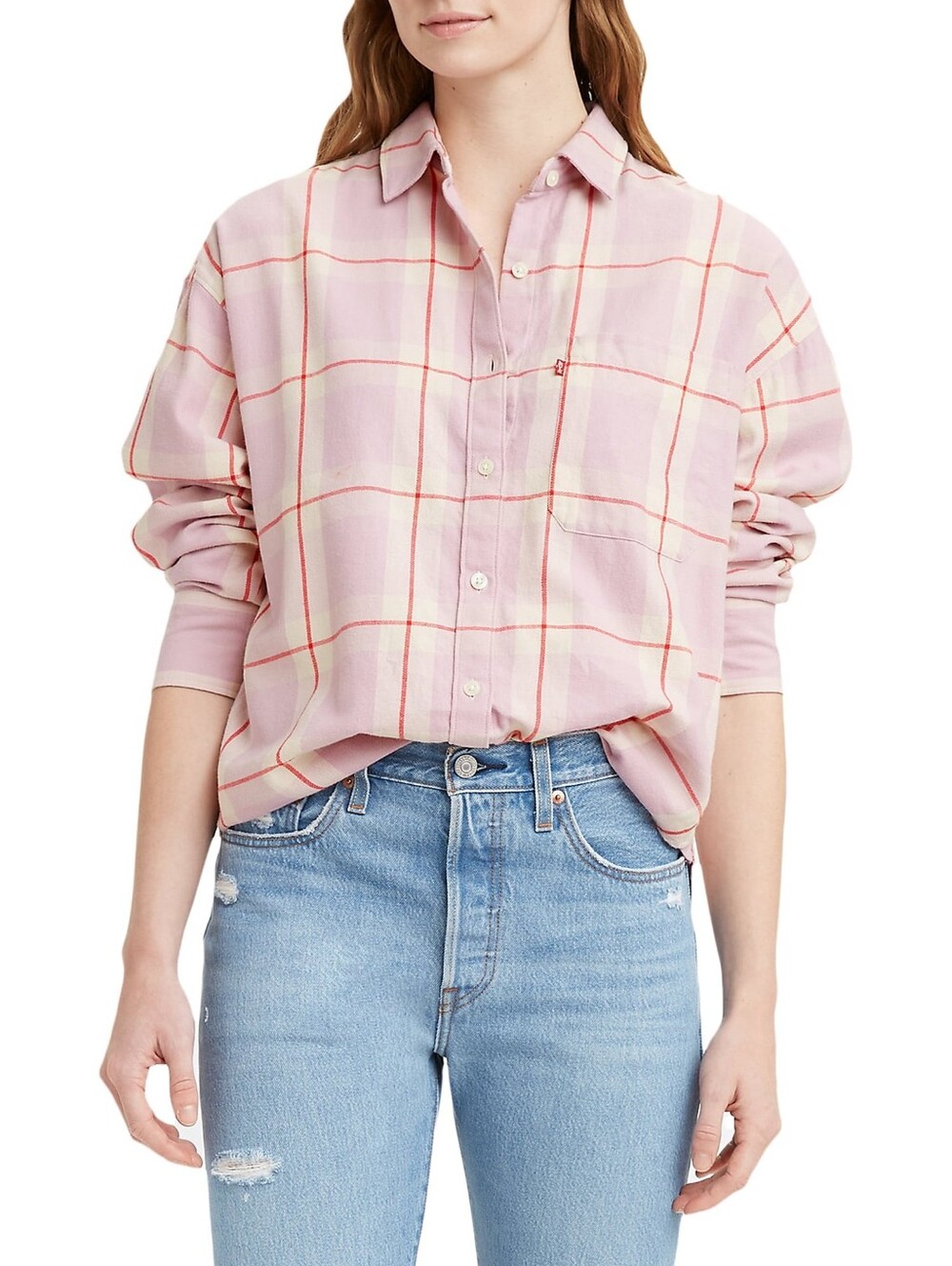 Levi's Henri Flannel Cotton Plaid Shirt Pink Lilac Cream Red Stripe S